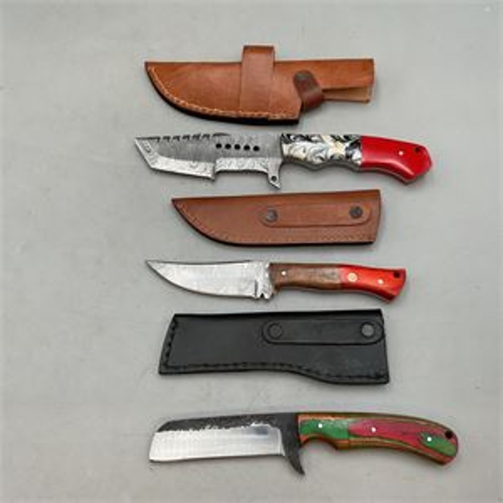 3 Shareez & Sons Fixed Blade Knives Damascus Forged Steel Hunting Set w Sheaths